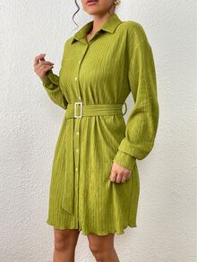 Drop Shoulder Belted Shirt Dress - Green - View 5