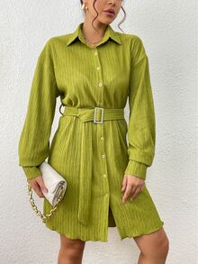 Drop Shoulder Belted Shirt Dress - Green - View 6