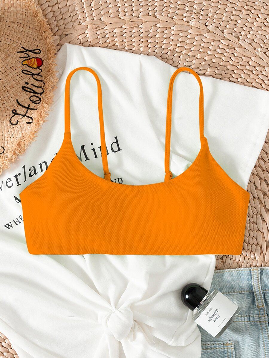 SHEIN Swim Summer Beach Solid Adjustable Strap Bikini Top - Orange - View 1