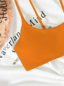 SHEIN Swim Summer Beach Solid Adjustable Strap Bikini Top - Orange - View 3