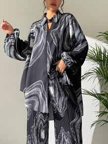 圖案印花燈籠袖襯衫 - 黑色 - 查看 1