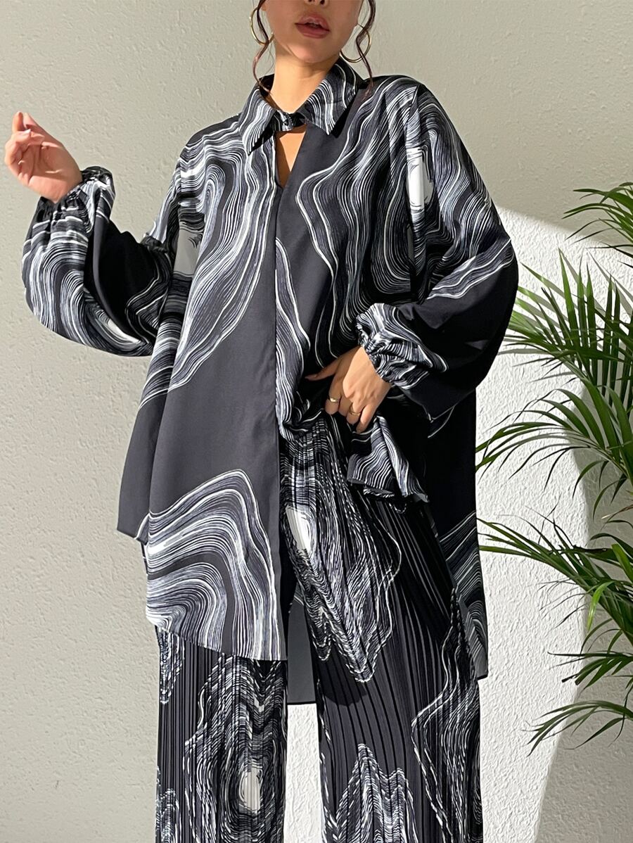 圖案印花燈籠袖襯衫 - 黑色 - 查看 1