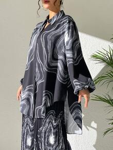 圖案印花燈籠袖襯衫 - 黑色 - 查看 4