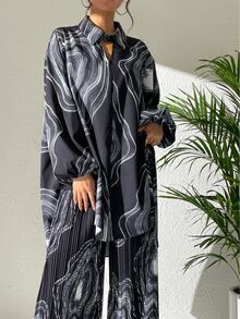 圖案印花燈籠袖襯衫 - 黑色 - 查看 7