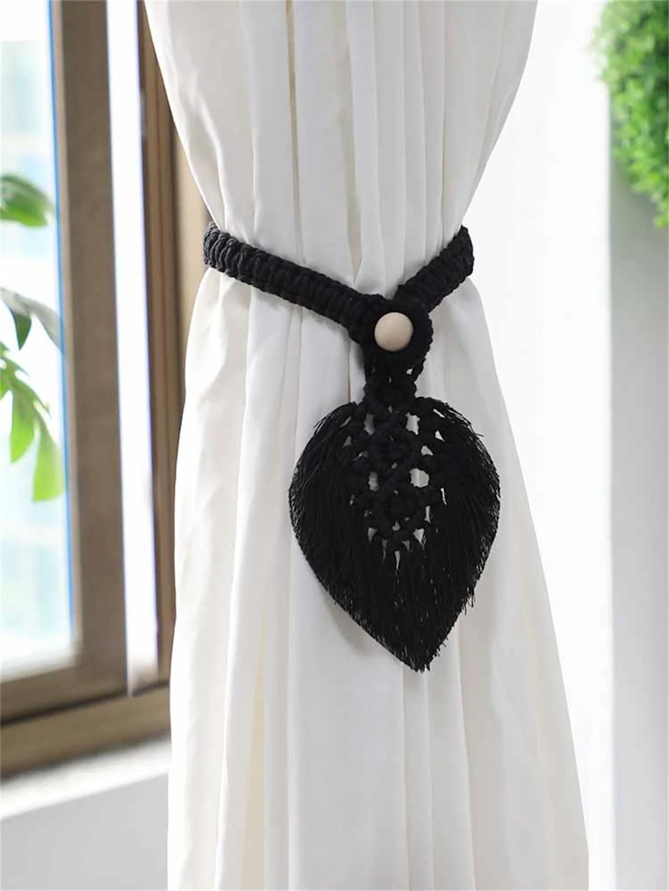 1 Miếng Tua Lá cây & Hạt bằng gỗ Trang trí Móc rèm , - màu đen - Xem 1