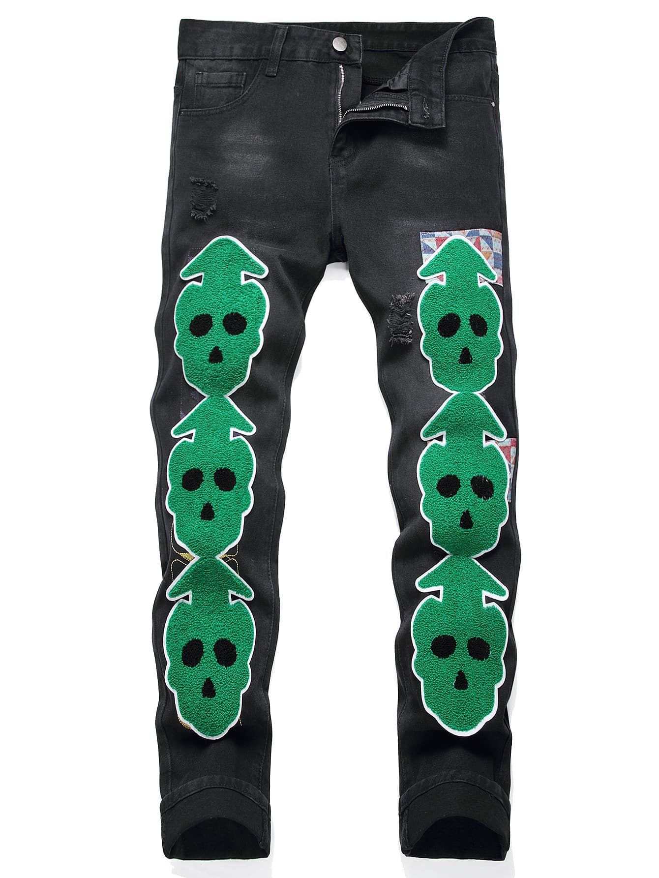 Quần Jeans Nam Túi Vá Skeleton Khóa Kéo - màu đen - Xem 1