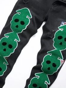 Quần Jeans Nam Túi Vá Skeleton Khóa Kéo - màu đen - Xem 3