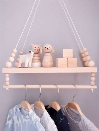 1 件木质串珠双层灰色展示板，带秋千支撑，适用于儿童房、北欧风格、家居装饰、房间装饰、墙壁装饰