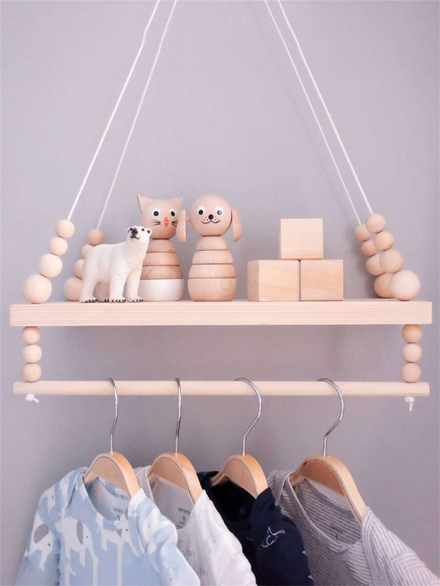 1 件木质串珠双层灰色展示板，带秋千支撑，适用于儿童房、北欧风格、家居装饰、房间装饰、墙壁装饰 - 杏色 - 查看 1