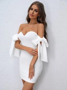 Firerie Off Shoulder Knot Side Bodycon Dress - White - View 4
