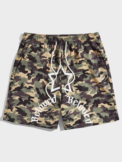 Guys Camo & Letter Graphic Drawstring Waist Shorts