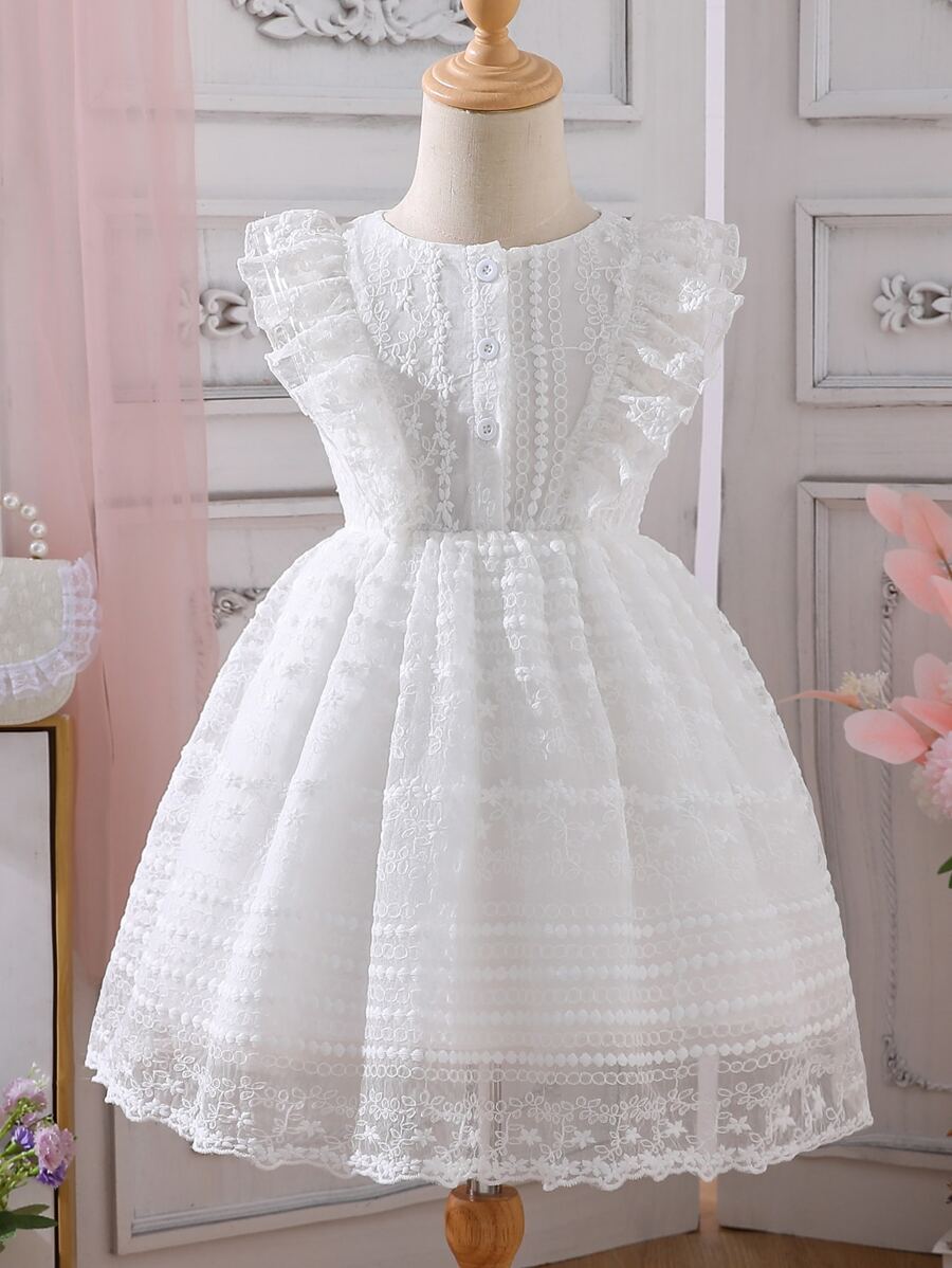 SHEIN 年輕女孩白色純色優雅復古迷你連衣裙,圓領,適合夏季派對穿著 - 白色 - 查看 1