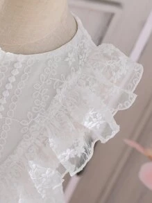 SHEIN 年輕女孩白色純色優雅復古迷你連衣裙,圓領,適合夏季派對穿著 - 白色 - 查看 4