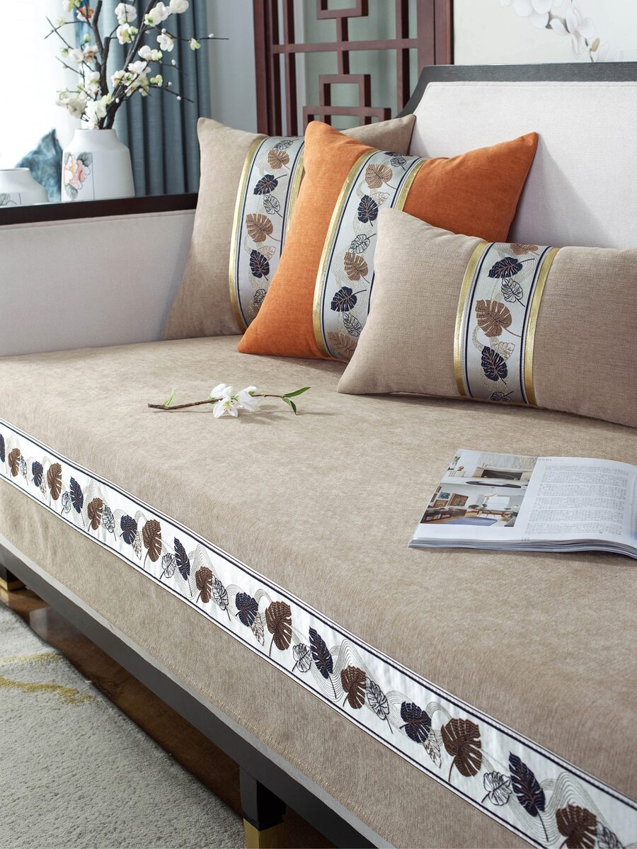 1pc Leaf Embroidery Sofa Towel, Modern Stretchy Polyester Sofa Cover For Home, All Season - Coffee Brown - View 1