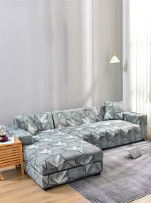 1pc Geometric Pattern Sofa Slipcover & 1pc Cushion Cover Without Filler, Modern Polyester Stretch Sofa Slipcover Set For Home - Multicolor - View 3