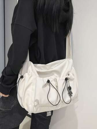 Large Capacity Crossbody Bag For Women With Pendant, Unisex Multi-Pocket Drawstring Waterproof Nylon Shoulder Bag, Suitable For College Students