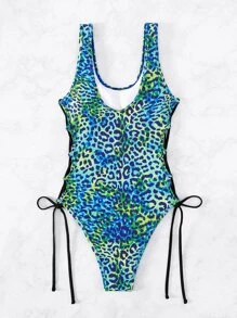 Leopard Print Lace Up Side One Piece Swimsuit - Multicolor - View 3