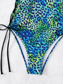 Leopard Print Lace Up Side One Piece Swimsuit - Multicolor - View 4