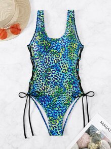 Leopard Print Lace Up Side One Piece Swimsuit - Multicolor - View 5