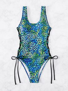 Leopard Print Lace Up Side One Piece Swimsuit - Multicolor - View 6