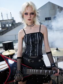 ROMWE Grunge Punk Striped Lace Up Cami Top - Black - View 2