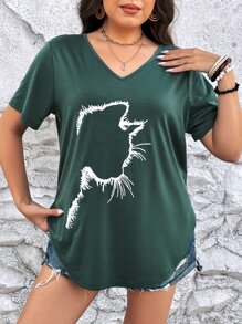SHEIN LUNE Camiseta con estampado de gato bajo curvo - Verde Oscuro - Ver 1