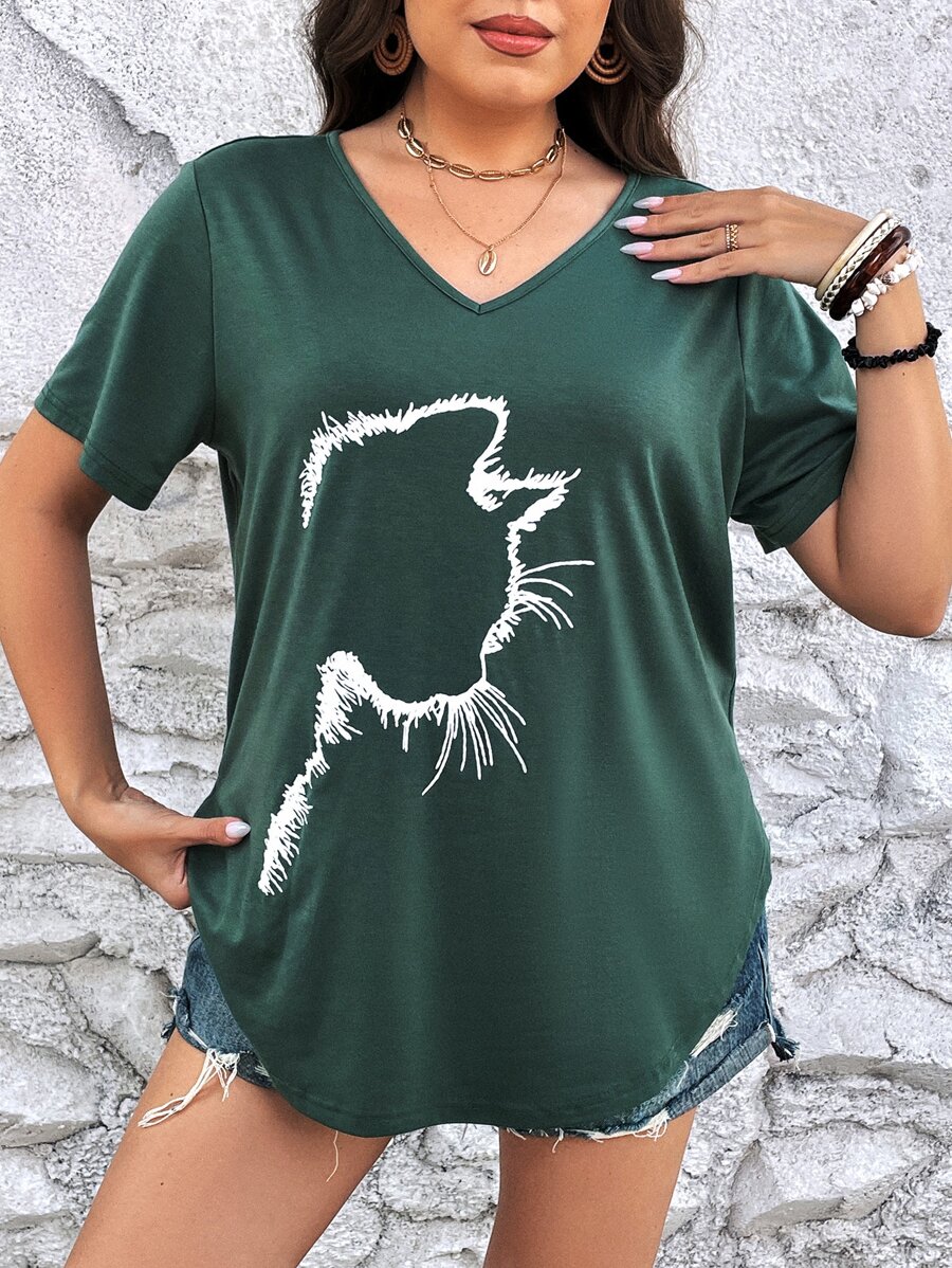 SHEIN LUNE Camiseta con estampado de gato bajo curvo - Verde Oscuro - Ver 1