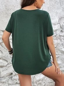 SHEIN LUNE Camiseta con estampado de gato bajo curvo - Verde Oscuro - Ver 2
