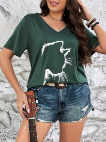 SHEIN LUNE Camiseta con estampado de gato bajo curvo - Verde Oscuro - Ver 5