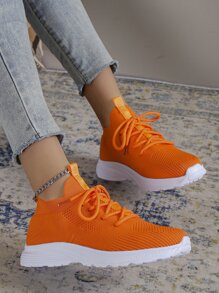 女士轻质网眼透气跑步鞋，舒适低帮厚底运动鞋 - 橘色 - 查看 3