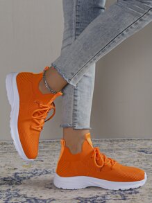 女士轻质网眼透气跑步鞋，舒适低帮厚底运动鞋 - 橘色 - 查看 4