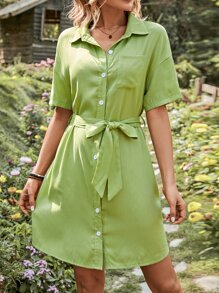 SHEIN VCAY Drop Shoulder Belted Shirt Dress - Olive Green - View 1