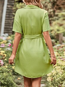 SHEIN VCAY Drop Shoulder Belted Shirt Dress - Olive Green - View 2