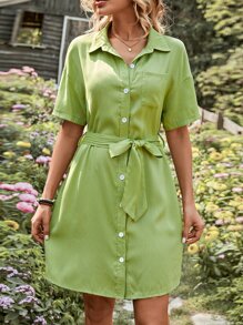 SHEIN VCAY Drop Shoulder Belted Shirt Dress - Olive Green - View 6