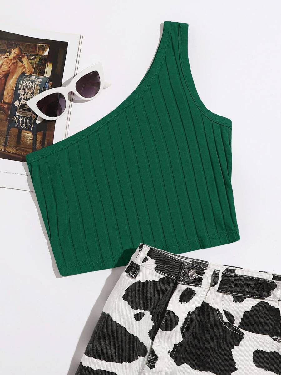 Muchica One Shoulder Rib-knit Crop Top - Dark Green - View 1