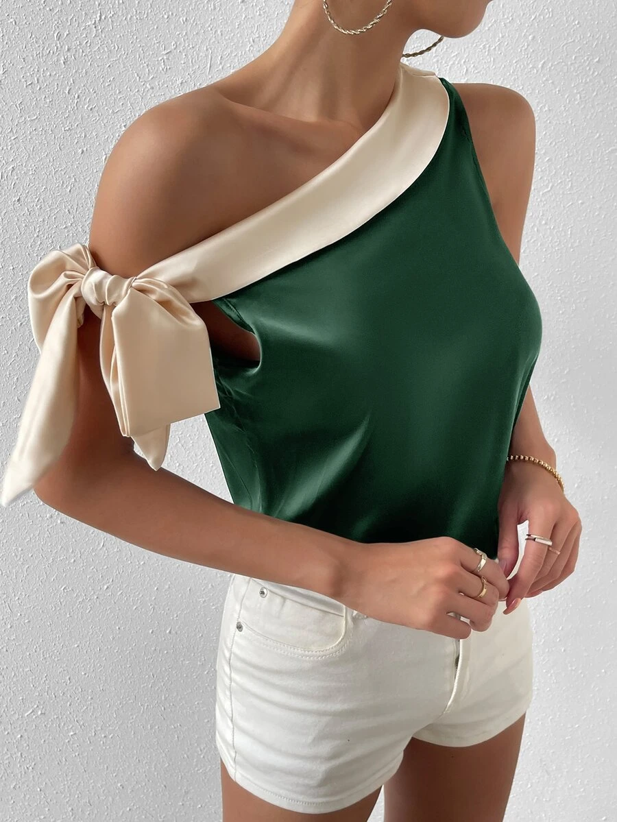 SHEIN Privé 撞色不對稱領側打結襯衫 - 墨綠色 - 查看 1