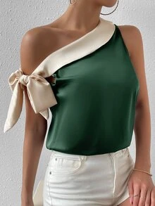 SHEIN Privé 撞色不對稱領側打結襯衫 - 墨綠色 - 查看 4