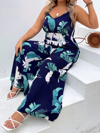 SHEIN Clasi 大碼熱帶圖案闊腿吊帶連體褲