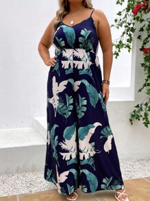 SHEIN Clasi Plus Tropical Print Wide Leg Cami Jumpsuit - Multicolor - View 5