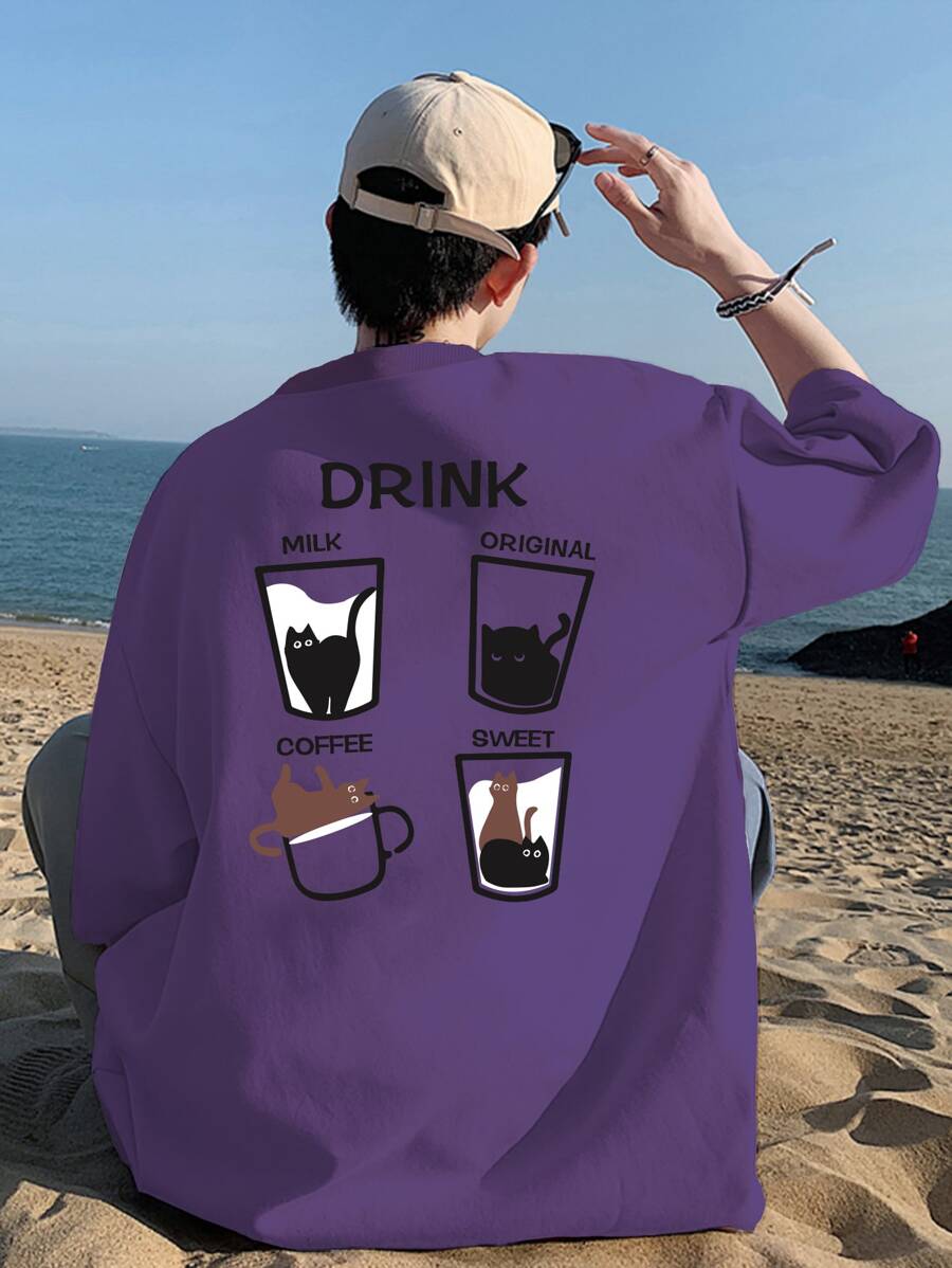 Manfinity Roghcode 男士T恤，合身的圓領下垂短袖圖形T恤，休閒夏季聚酯纖維 - 紫色 - 查看 1