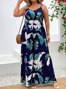 SHEIN Clasi Plus Tropical Print Wide Leg Cami Jumpsuit - Multicolor - View 7