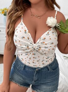 Flirla Plus Ditsy Floral Print Ruched Bust Cami Top Graphic Tees Women Tops - Apricot - View 1