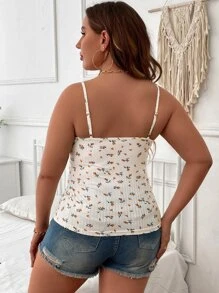 Flirla Plus Ditsy Floral Print Ruched Bust Cami Top Graphic Tees Women Tops - Apricot - View 2