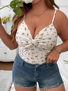 Flirla Plus Ditsy Floral Print Ruched Bust Cami Top Graphic Tees Women Tops - Apricot - View 6