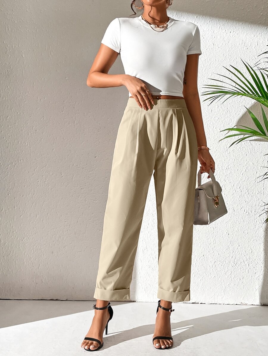 Chiquease Solid Fold Pleated Detail Roll Up Hem Trousers - Apricot - View 1