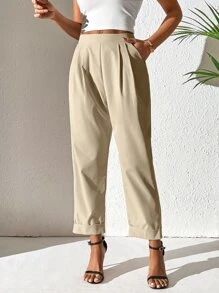 Chiquease Solid Fold Pleated Detail Roll Up Hem Trousers - Apricot - View 4