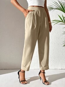 Chiquease Solid Fold Pleated Detail Roll Up Hem Trousers - Apricot - View 6