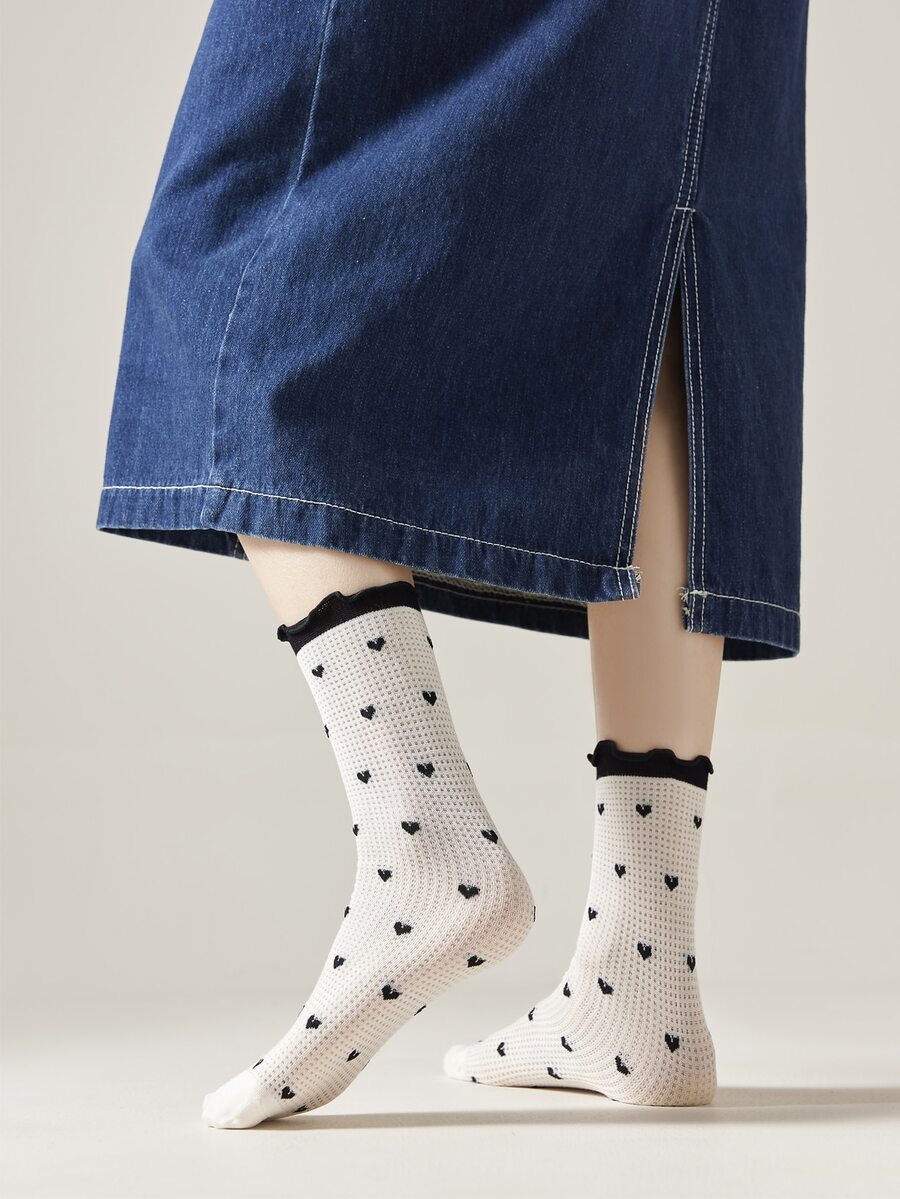 1 đôi Vớ thủy thủ đoàn đơn giản họa tiết trái tim cho nữ - Đen và trắng - Xem 1