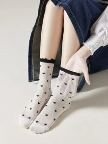 1 đôi Vớ thủy thủ đoàn đơn giản họa tiết trái tim cho nữ - Đen và trắng - Xem 2