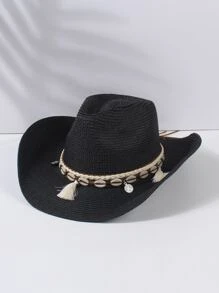 1pc Unisex Shell & Tassel Decor Boho Hat, For Beach - Black - View 1